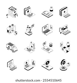 Collection of modern isometric icons represents various aspects of healthcare and pharmacy,