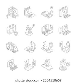 Collection of modern isometric icons represents various aspects of healthcare and pharmacy,