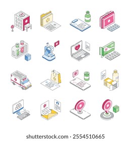 Collection of modern isometric icons represents various aspects of healthcare and pharmacy,