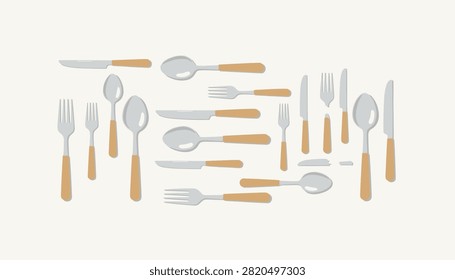 Collection of modern kitchen silverware including forks knives and spoons with light brown handles on cream background.