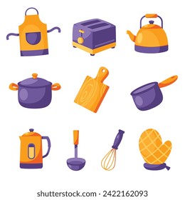  A collection of modern kitchen utensils and appliances in a flat design style, including a toaster and kettle.