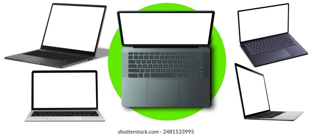 collection of modern laptops with blank screens, displayed from different angles. Ideal for technology, business, and education themes, suitable for presentations, marketing materials, and web design 