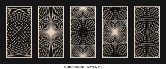 Collection of modern laser cut panels. Abstract geometric patterns with thin line cube grid, optical illusion effect. Decorative stencil for laser cutting of wood, metal, acrylic. Aspect ratio 1:2