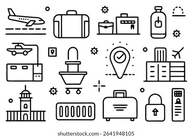 Collection of modern line art icons representing travel airport journey and vacation destinations.