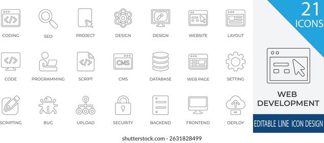 A collection of modern line icons representing key concepts in web development and programming. Includes icons for coding, UI design, deployment, database  and security. 