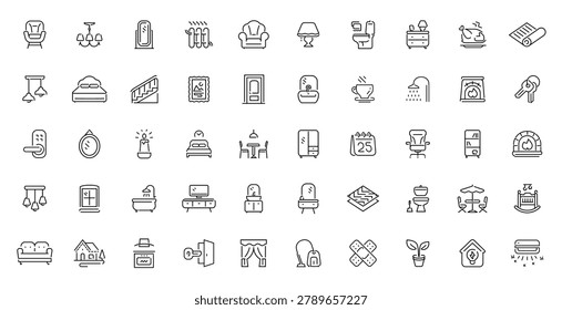 Collection of modern line icons representing home interior and furniture elements