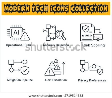 A collection of modern line icons representing ai, risk, and privacy related concepts.