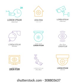 Collection of modern line style logotypes with CCTV and surveillance cameras. Security company logo with sample text made in vector.