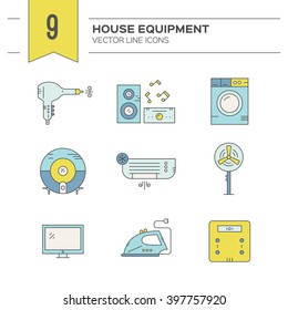 Collection of modern line style vector house gear - kitchen appliances and house technology. Music station, scales, iron.