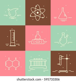 Collection of modern linear style vector icons and badges with different chemical laboratory equipment. Design elements for poster, brochure, website, packaging, apps and advertising.