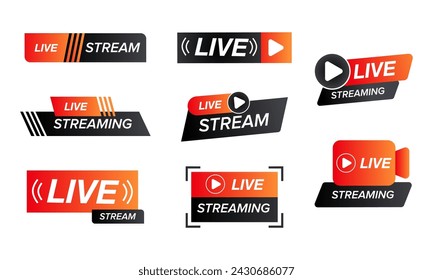 Collection of modern live stream icons and badges in different styles and shapes.