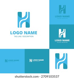 Una colección de Plantillas modernas de diseño de logotipos con una letra H estilizada. El icono tiene una forma de onda limpia y abstracta y se muestra en varios esquemas de color azul.