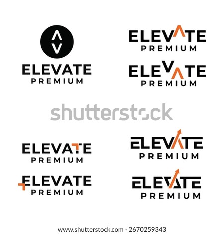 A collection of modern logo designs for "Elevate Premium," featuring sleek black typography combined with dynamic orange elements such as upward-pointing arrows and abstract geometric shapes. 