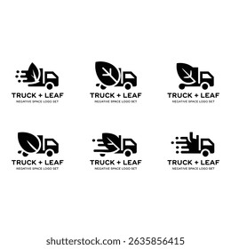 A collection of modern logo designs using a truck and leaf to represent environmentally friendly delivery services. Clean, minimalist black icons convey ecoconsciousness.