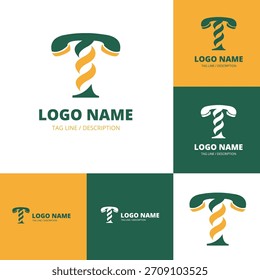 Una colección de modernas Plantillas de logotipo con la letra T con un tronco espiral retorcido. El diseño se muestra en variaciones de color verde, amarillo y blanco para la marca.