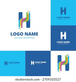 Una colección de Plantillas modernas de logotipos con la letra H. El diseño incorpora una cinta colorida y fluida con salpicaduras, que simboliza la creatividad y el movimiento dinámico.