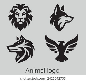 Collection of modern logos of various predatory animals tribal style of wolf, fox, lion and eagle