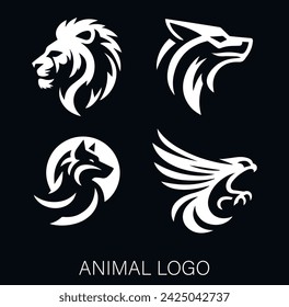 Colección de logotipos modernos de varios animales depredadores estilo silueta de lobo, zorro, león y águila