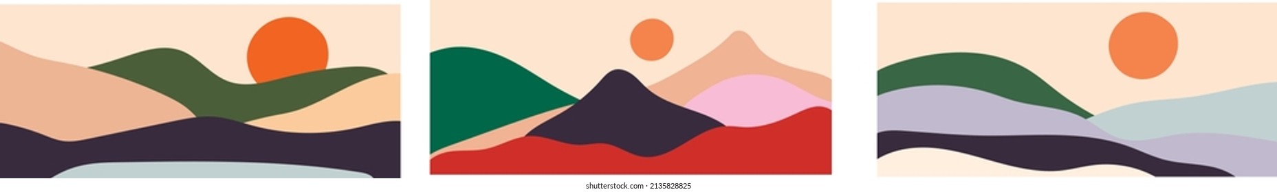 Collection of modern mi simple minimalist landscapes: mountains and sun