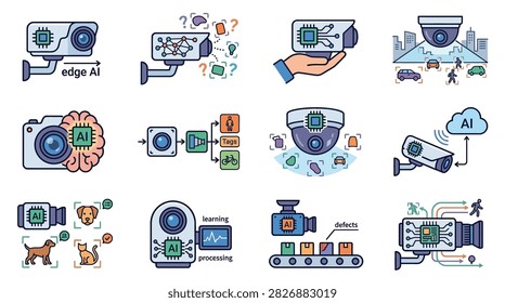 A collection of modern, minimal flat vector icons depicting smart cameras with integrated chips performing real-time object detection and visual analysis.