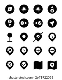Colección de mapas redondos mínimos modernos e íconos de navegación, incluyendo brújula, punteros de mapa, marcadores de ubicación y flechas direccionales