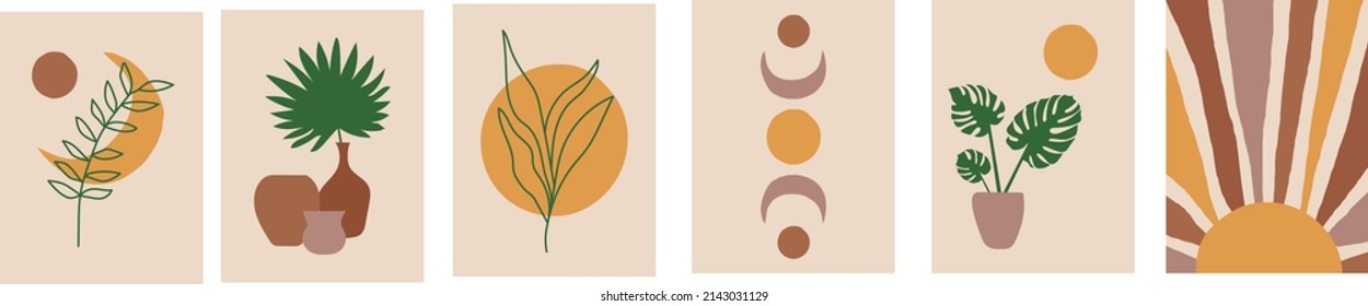 Collection of modern minimalist abstractions in boho style: sunset or sunrise, plants (monstera and palm) in pots and vases with geometric shapes on a beige background