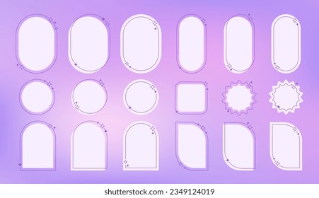 Collection of modern minimalist aesthetic y2k frames with stars and sparkles. Trendy geometric forms. Vector illustration