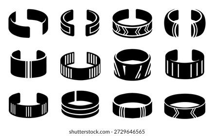Colección de pulseras y brazaletes modernos y minimalistas con patrones lineales, adecuados para la marca de accesorios.