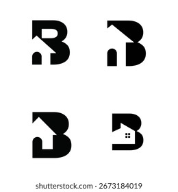 A collection of modern, minimalist logos featuring the letter B integrated with house and upward arrow symbols, presented in a clean black and white graphic style.
