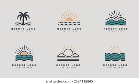 Collection of modern minimalist resort logo design, oasis beach resort vector illustration graphic icon on solid background