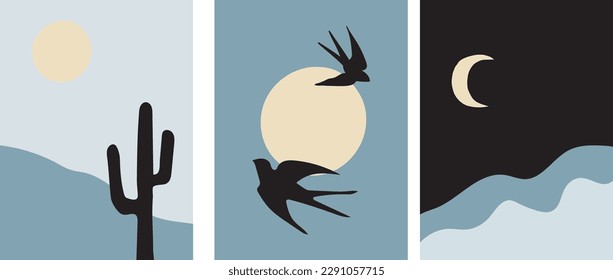 
collection of modern minimalist simple abstract landscapes in boho style: mountains and sun, moon and flying birds in the sky. On a blue background