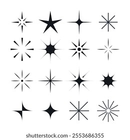 Collection of modern, minimalist star and sparkle elements on white background. Vector design and illustrations