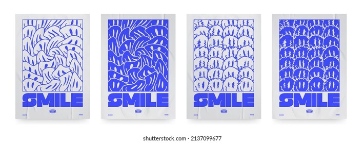 Collection of modern minimalistic abstract posters with trip smile. In Acid style, paper texture poster for your projects