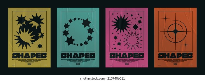 Colección de afiches abstractos minimalistas modernos con estrellas geométricas. Estilo ácido, póster de textura de papel colorido