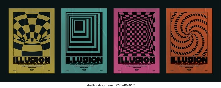 Collection of modern minimalistic abstract posters with optical illusion. Multicolored poster with paper texture