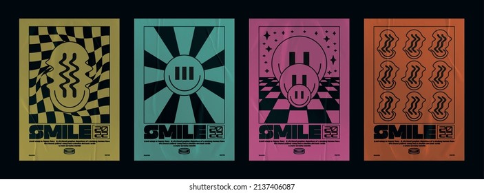 Collection of modern minimalistic abstract posters with geometric shapes and trip smile. With elements of illusions in style of acid. Paper texture poster for your projects