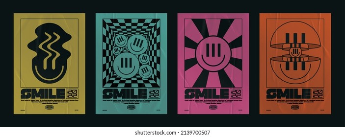 Collection of modern minimalistic abstract posters with geometric shapes and trip smile. With elements of illusions in style of acid, paper texture 