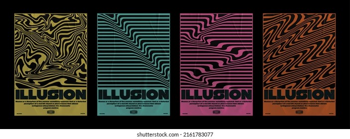 Collection of modern minimalistic abstract posters with optical illusion. Multicolored poster with paper texture