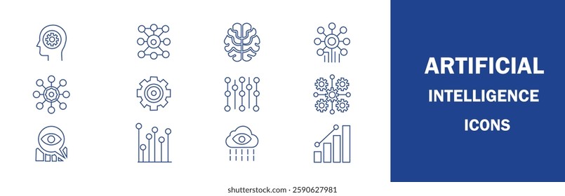 Collection of modern and minimalistic artificial intelligence icons, featuring brain, neural networks, gears, data analytics, and machine learning concepts.