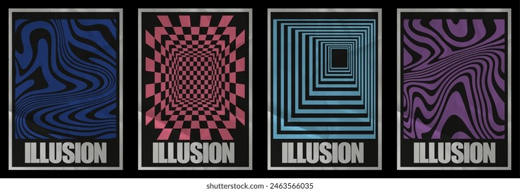 Collection of modern minimalistic, colorful, abstract posters with optical illusion. Poster with paper texture. Vector set