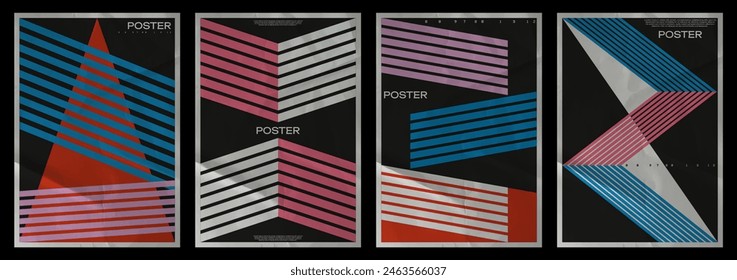 Collection of modern minimalistic, colorful, abstract posters with geometric shapes. Paper texture poster. Vector set