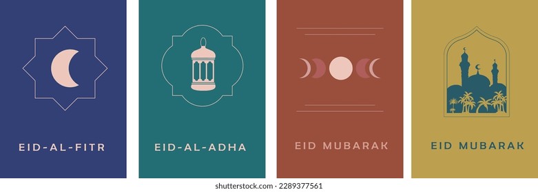 Collection of modern minimalistic Eid Mubarak greeting cards with mosque, moon, crescent, lantern, moon phases, in rich colours, business style