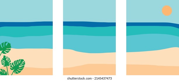Colección de paisajes abstractos modernos y minimalistas: hojas de playa, mar, sol y monstera sobre fondo azul