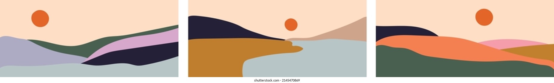 Colección de modernos paisajes abstractos minimalistas simples con sol (puesta de sol o amanecer) sobre fondo beige