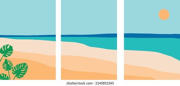 
Collection of modern minimalistic simple abstract landscapes: sandy beach, sea, monstera leaves and sun on the horizon