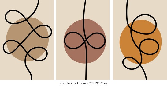 Colección de abstracciones simples minimalistas modernas (afiches) con rayas negras (línea) con formas geométricas (círculos) sobre fondo beige