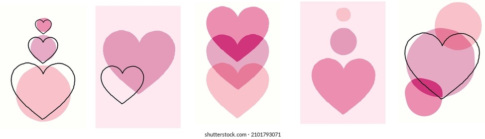 Colección de abstracciones simples minimalistas modernas con corazones y formas geométricas (círculos) sobre un fondo de color
