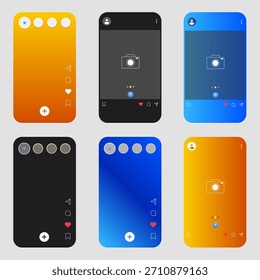 A collection of modern mobile app interface templates featuring gradient backgrounds, social media layout components, icons, and story indicators