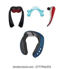 Collection of modern neck massage instruments promoting therapeutic relief, physical well being, and daily care for muscle tension and stress alleviation in the comfort of a personal setting