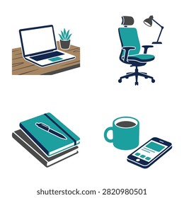 A collection of modern office workspace icons and equipment